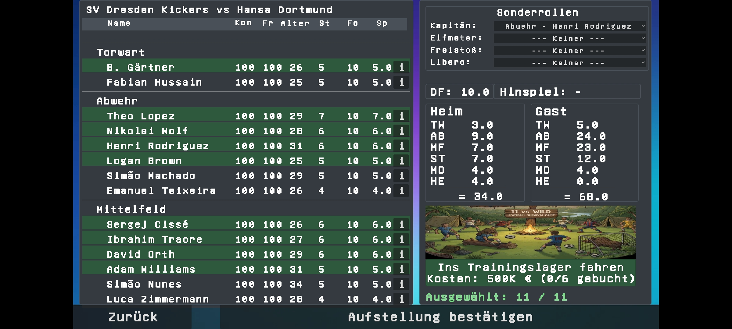 Team Lineup - Player selection with captain, free kick taker and tactical roles