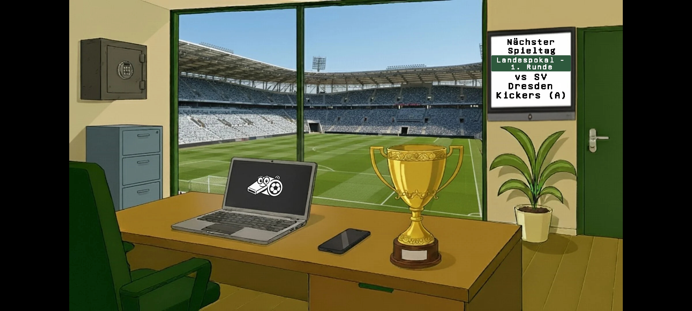 Manager Office - 3D rendered office with desk, laptop and stadium view