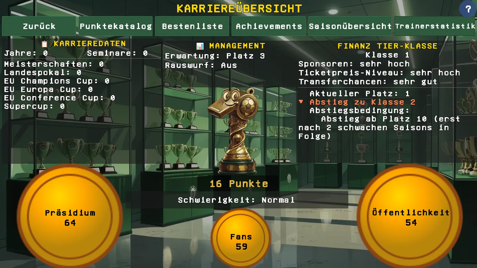 Karriereübersicht mit Saisonverlauf und Titeln
