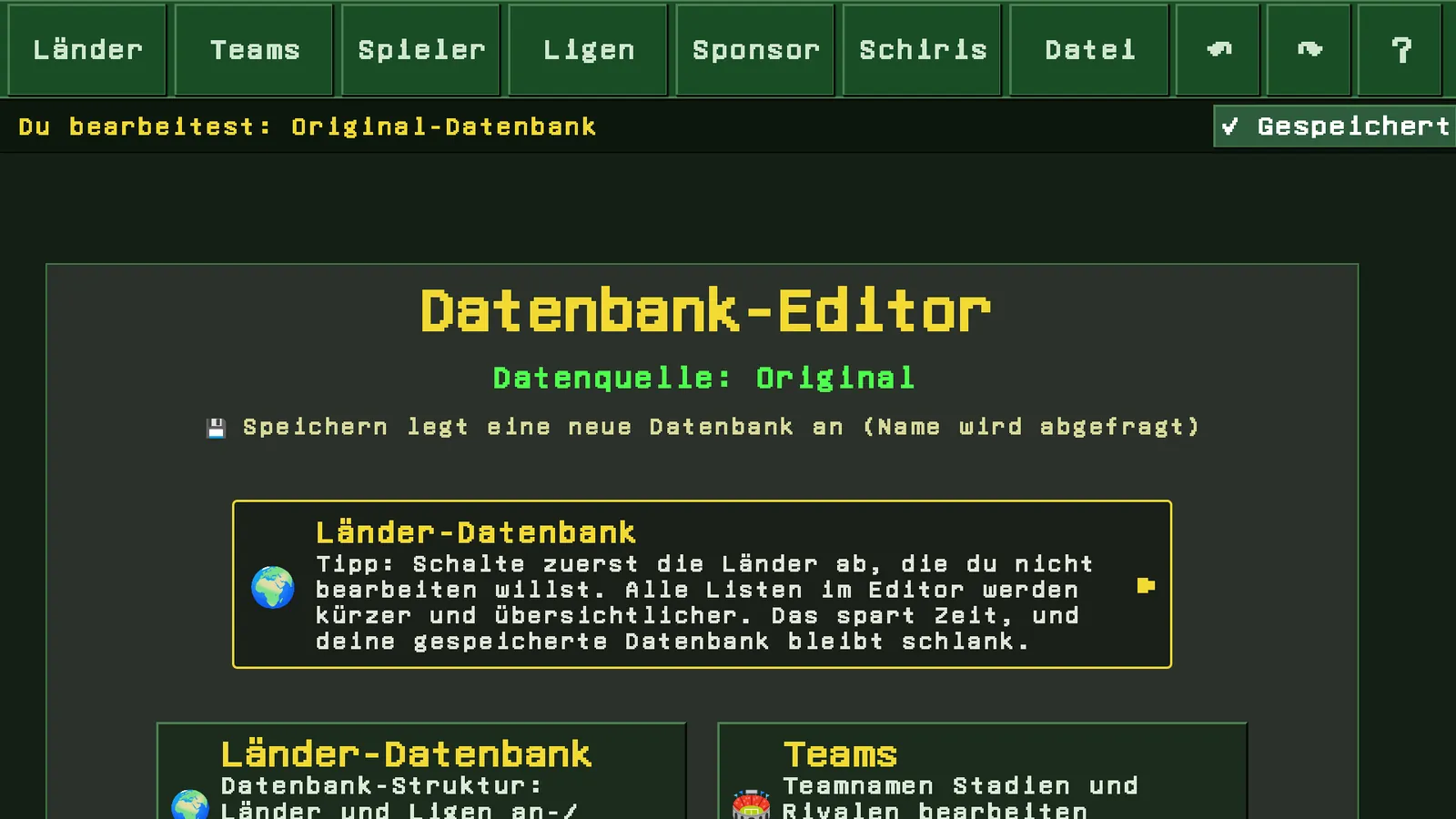 Das Startmenü des Editors mit der Menüleiste