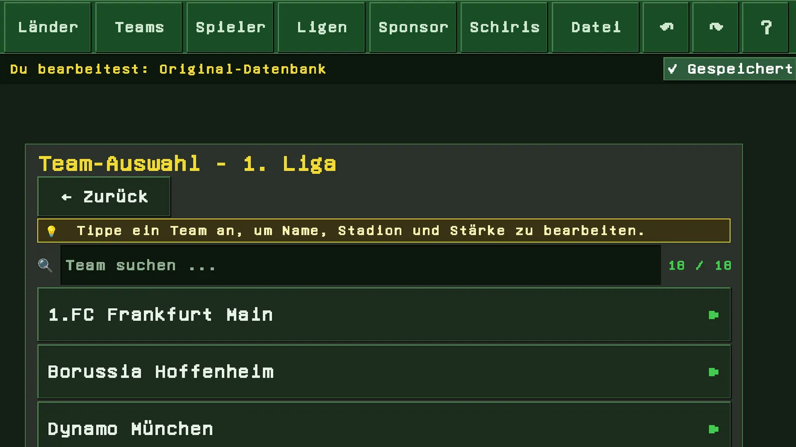 Teamliste einer Liga im Editor