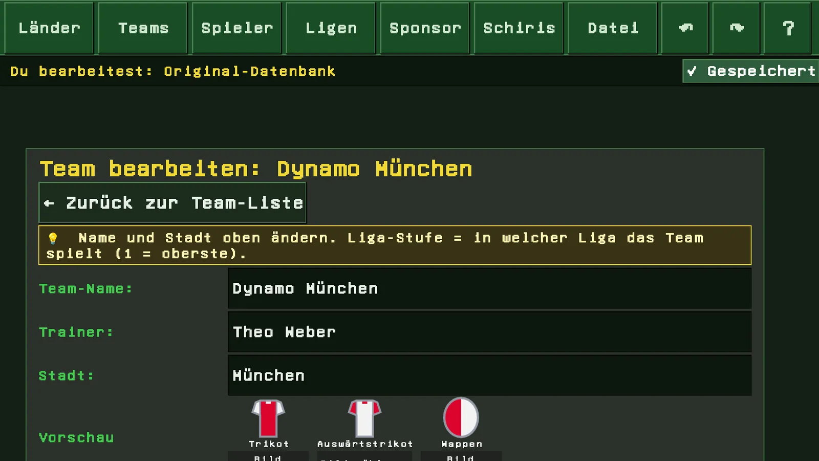 Team bearbeiten: Name, Trainer, Stadt, Stadion, Liga-Stufe