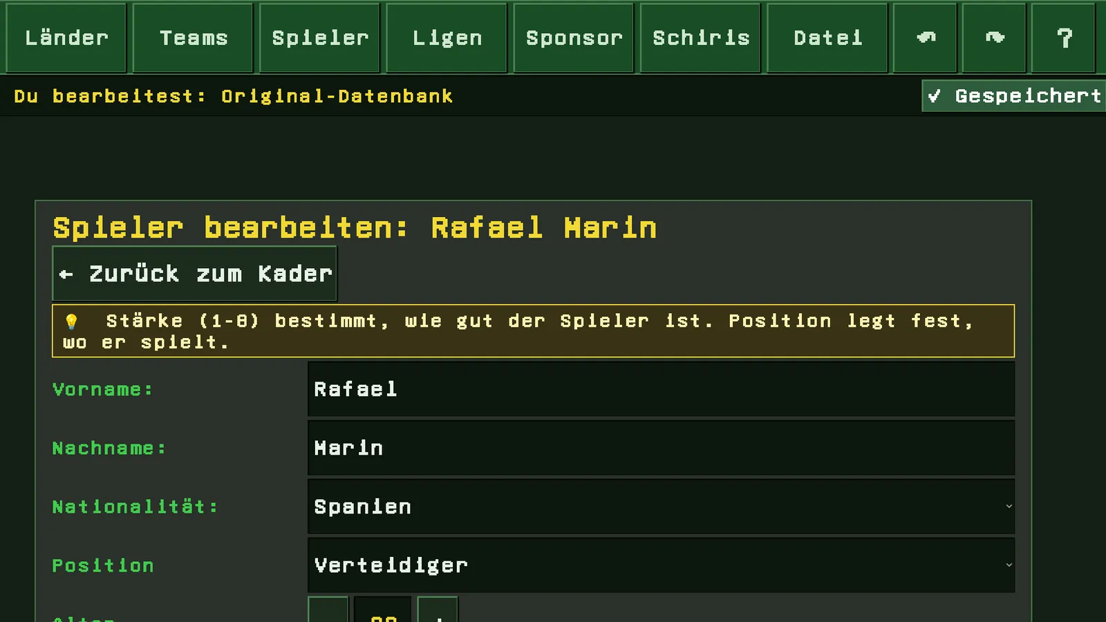 Spieler bearbeiten: Name, Nationalität, Position, Alter, Stärke