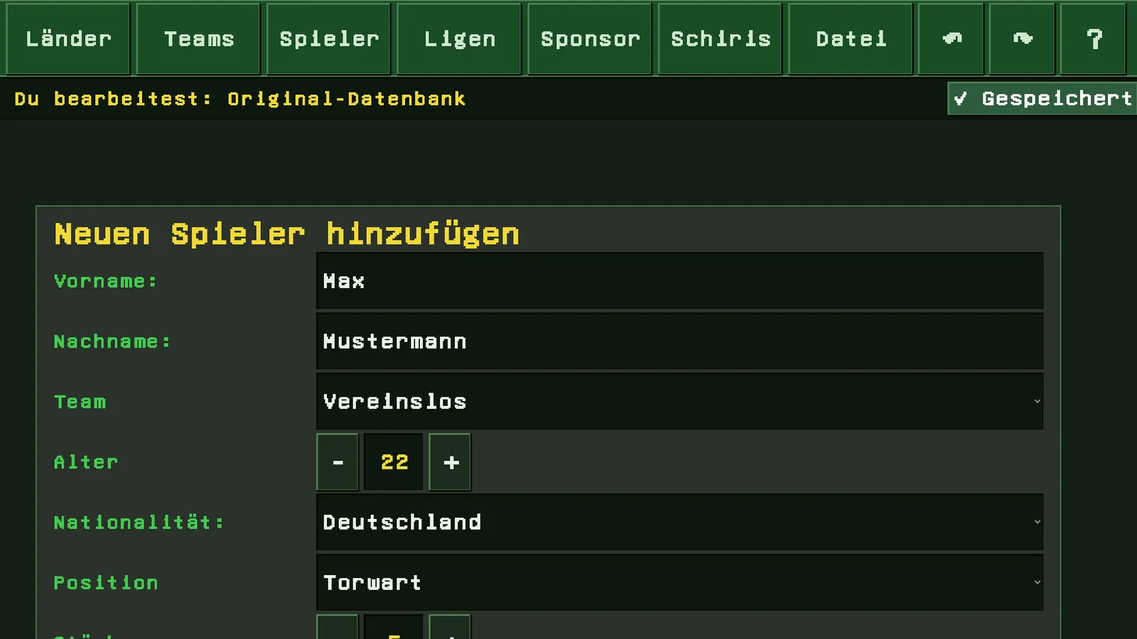Neuen Spieler im Editor anlegen