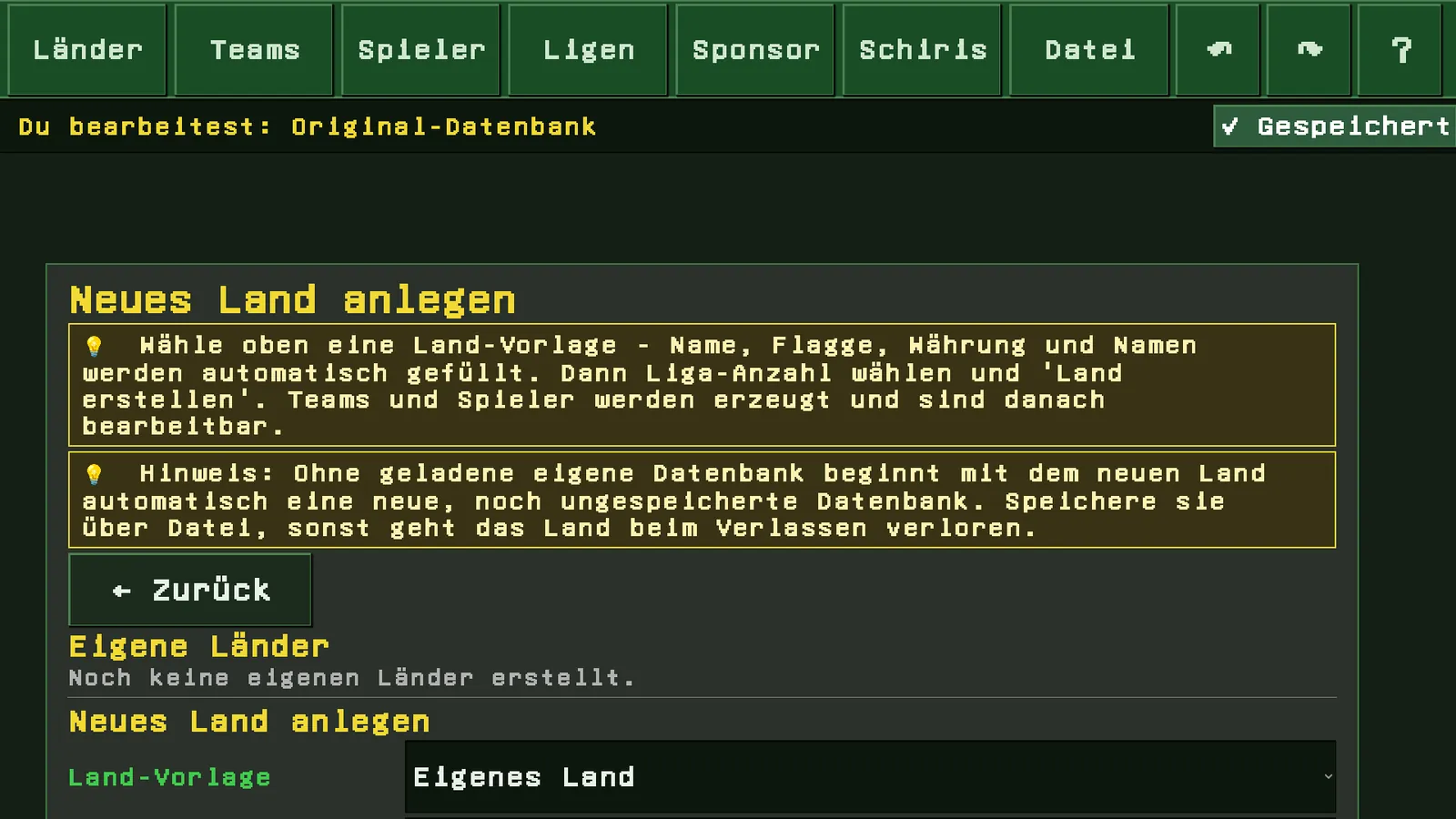 Formular zum Anlegen eines eigenen Landes