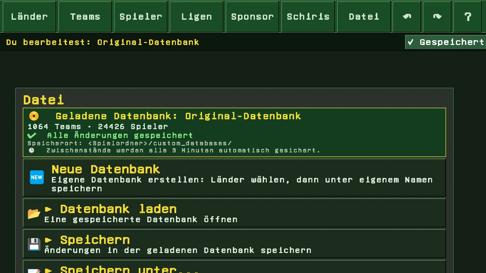 Datei-Menü mit geladener Datenbank und Speicherort