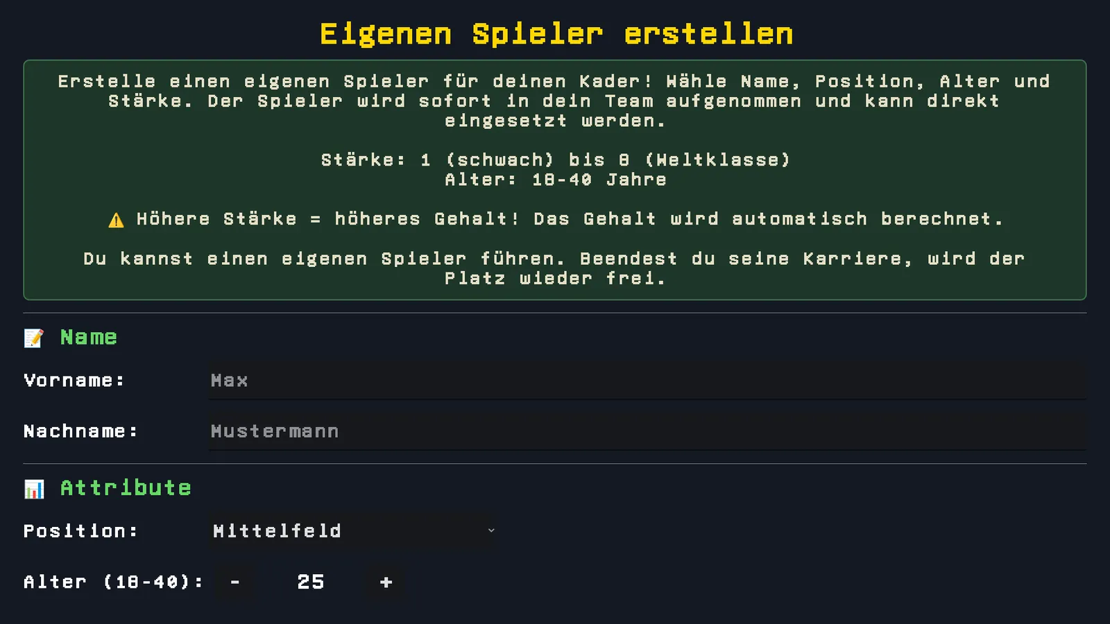 Maske zum Erstellen eines eigenen Spielers
