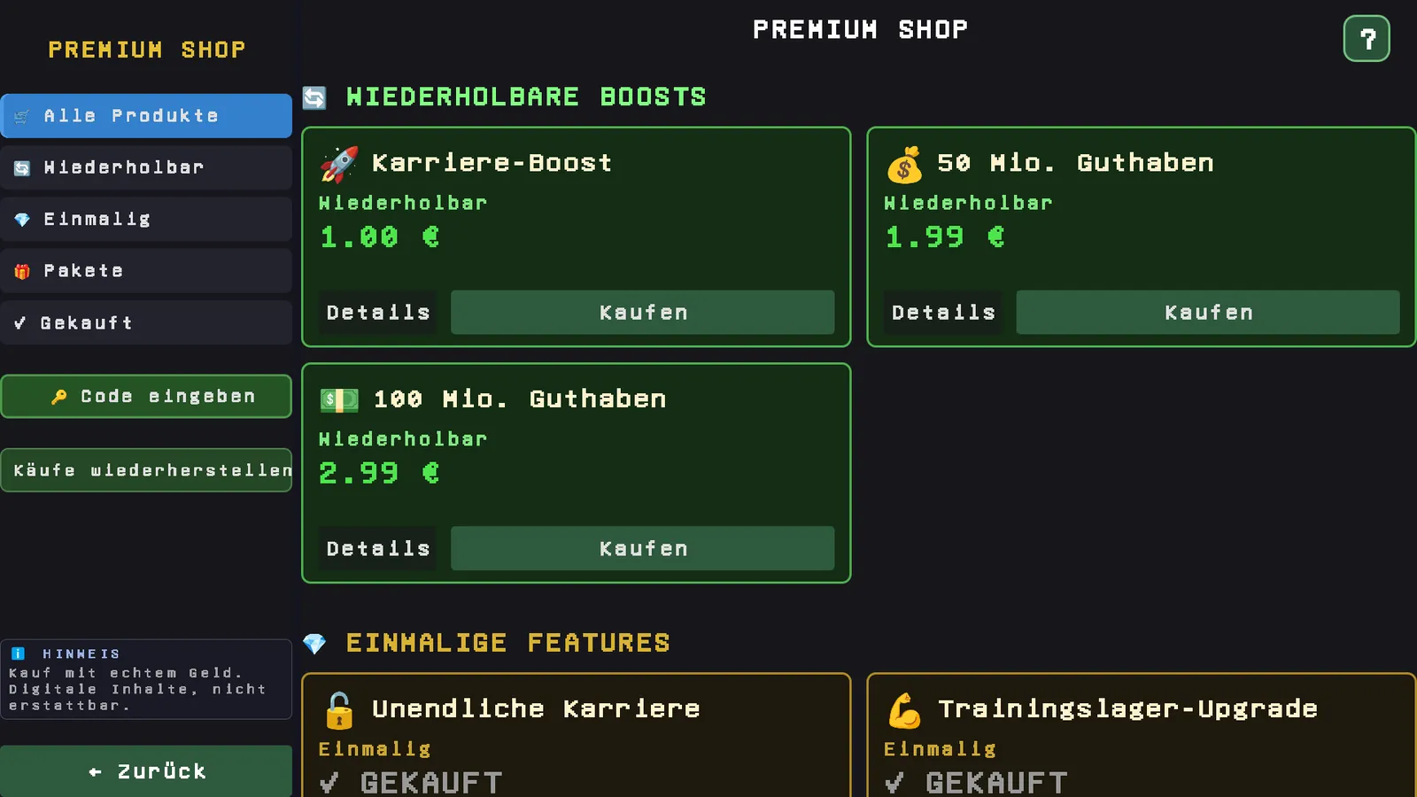Der Premium Shop mit den Artikeln