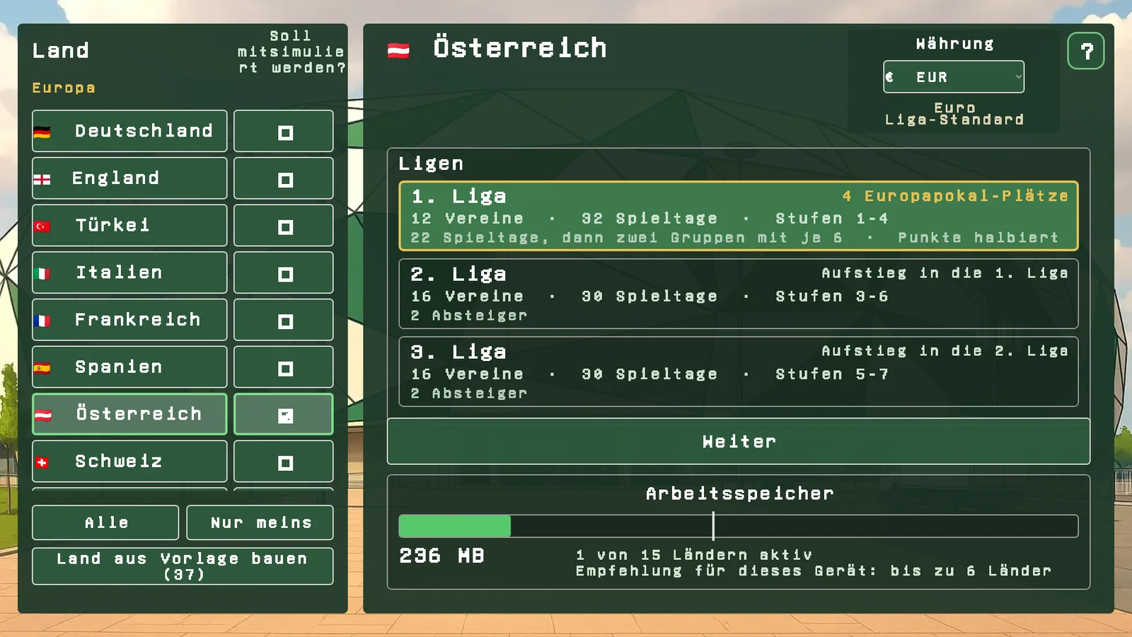 Länderauswahl beim Spielstart mit 15 Ländern und ihren Ligen