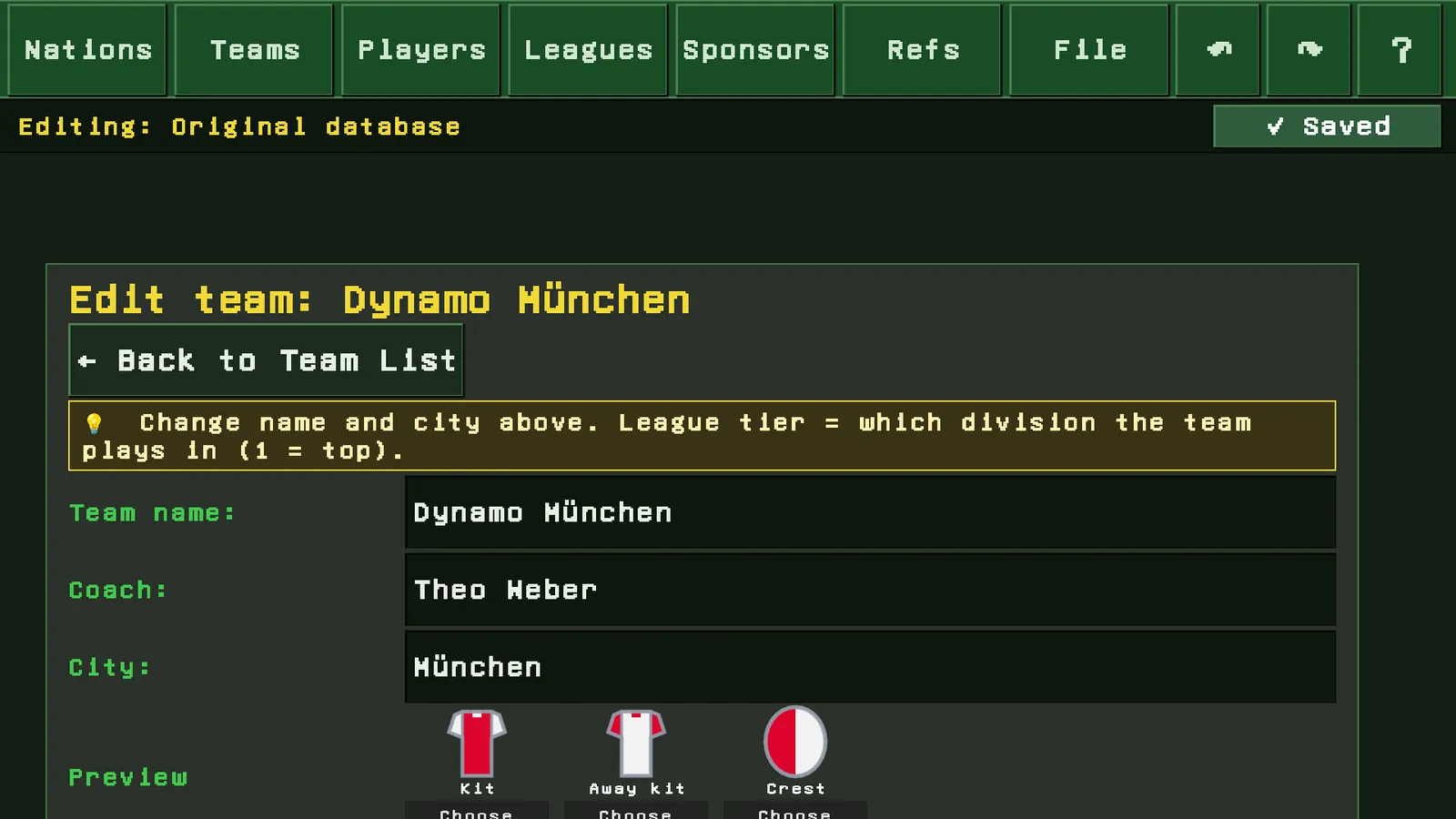 Editing a team: name, manager, city, stadium, league tier