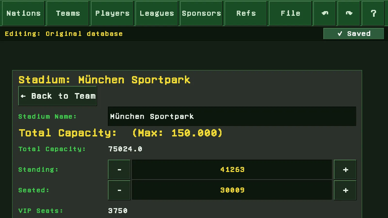 Stadium detail screen with seat types and facilities