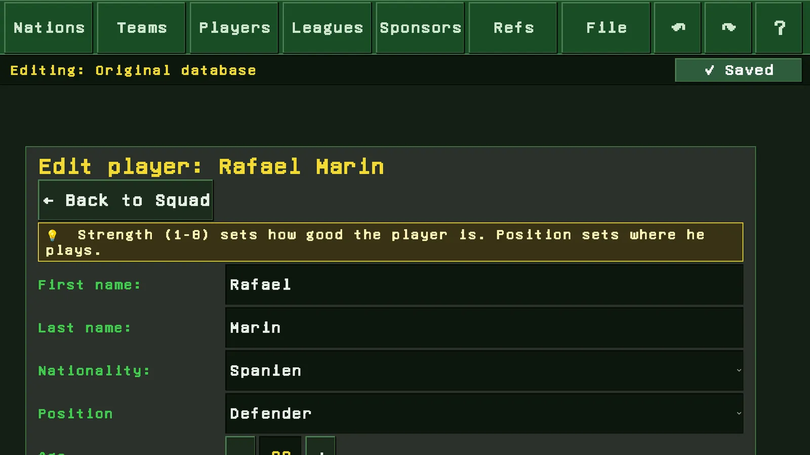 Editing a player: name, nationality, position, age, strength
