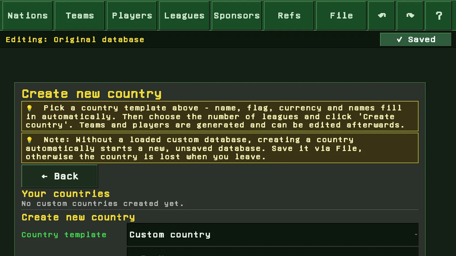 The form for creating your own country