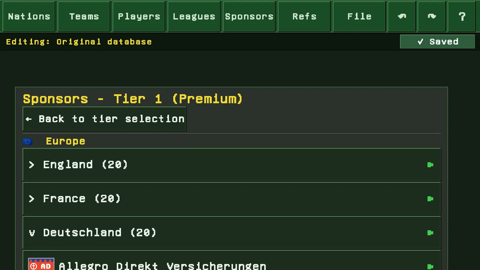 The sponsor list for a league tier