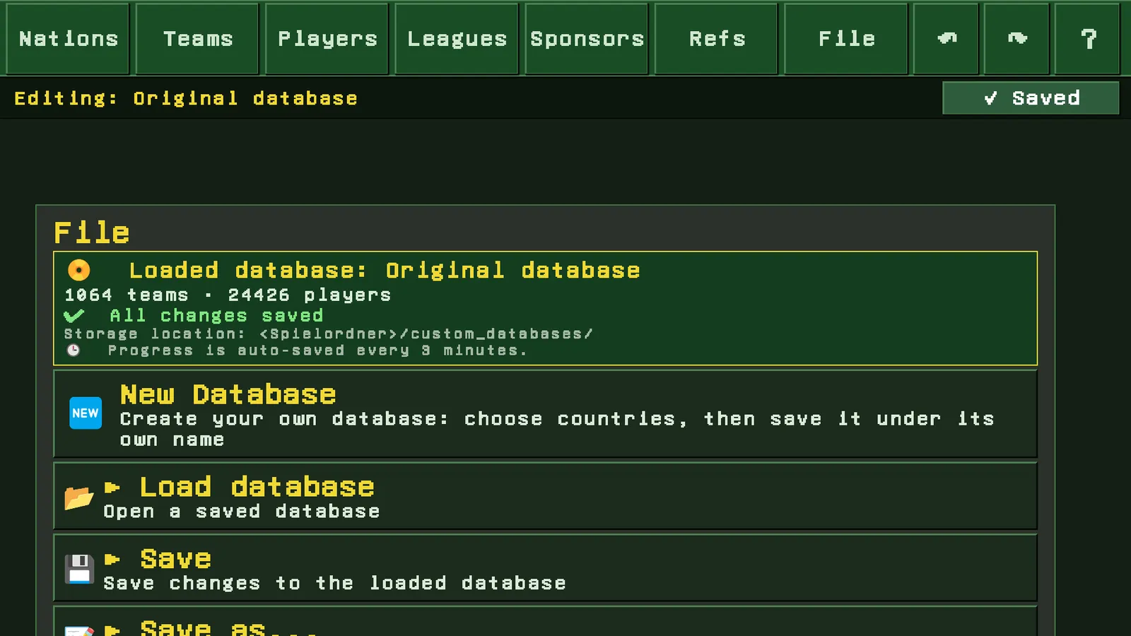 File menu with the loaded database and its location