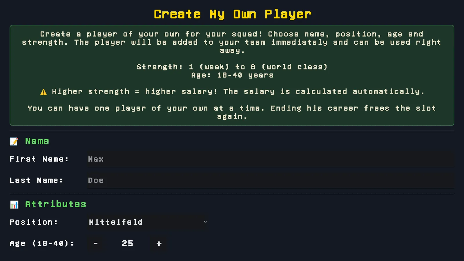 The screen for creating your own player