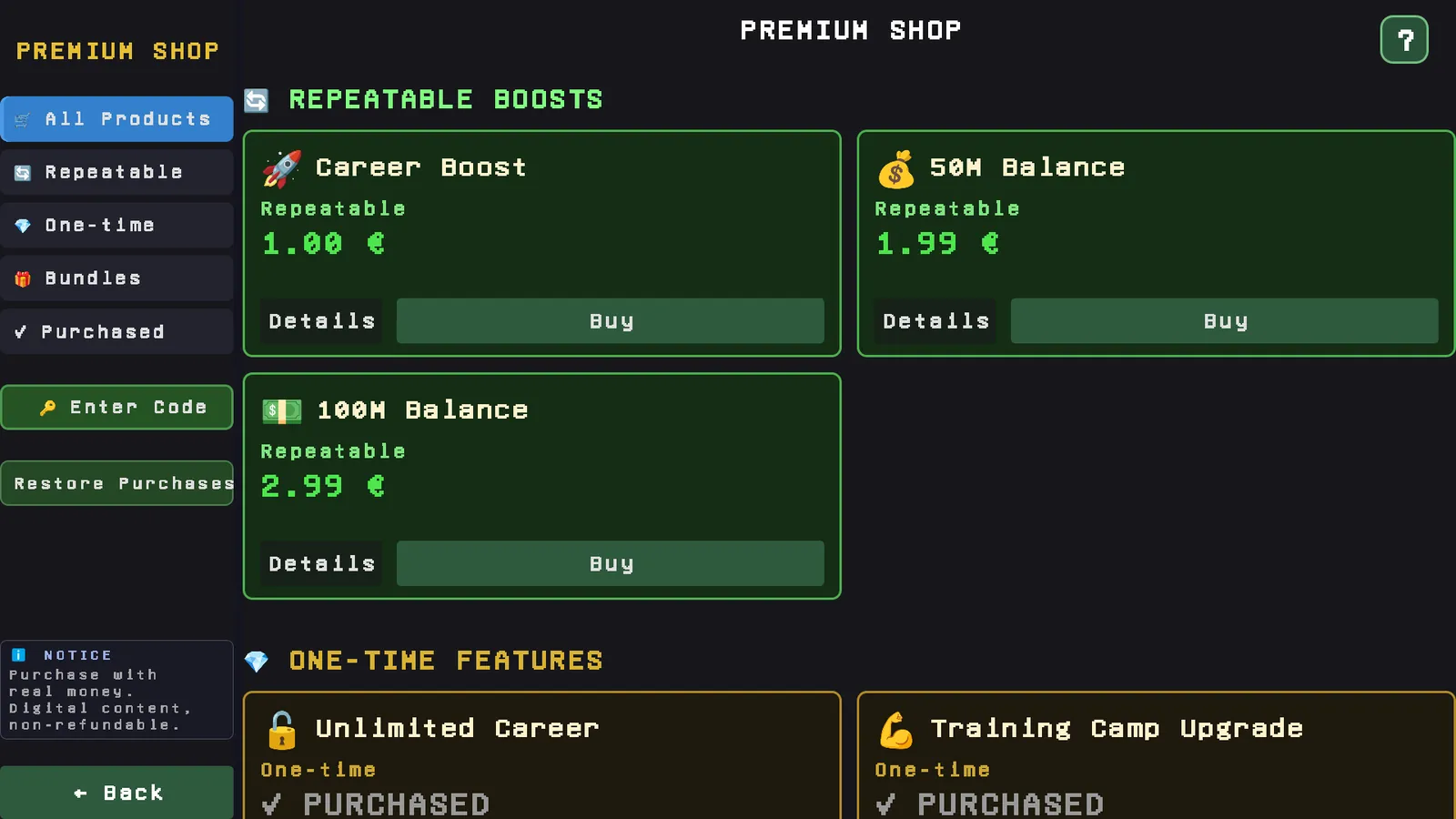 The Premium Shop with its items