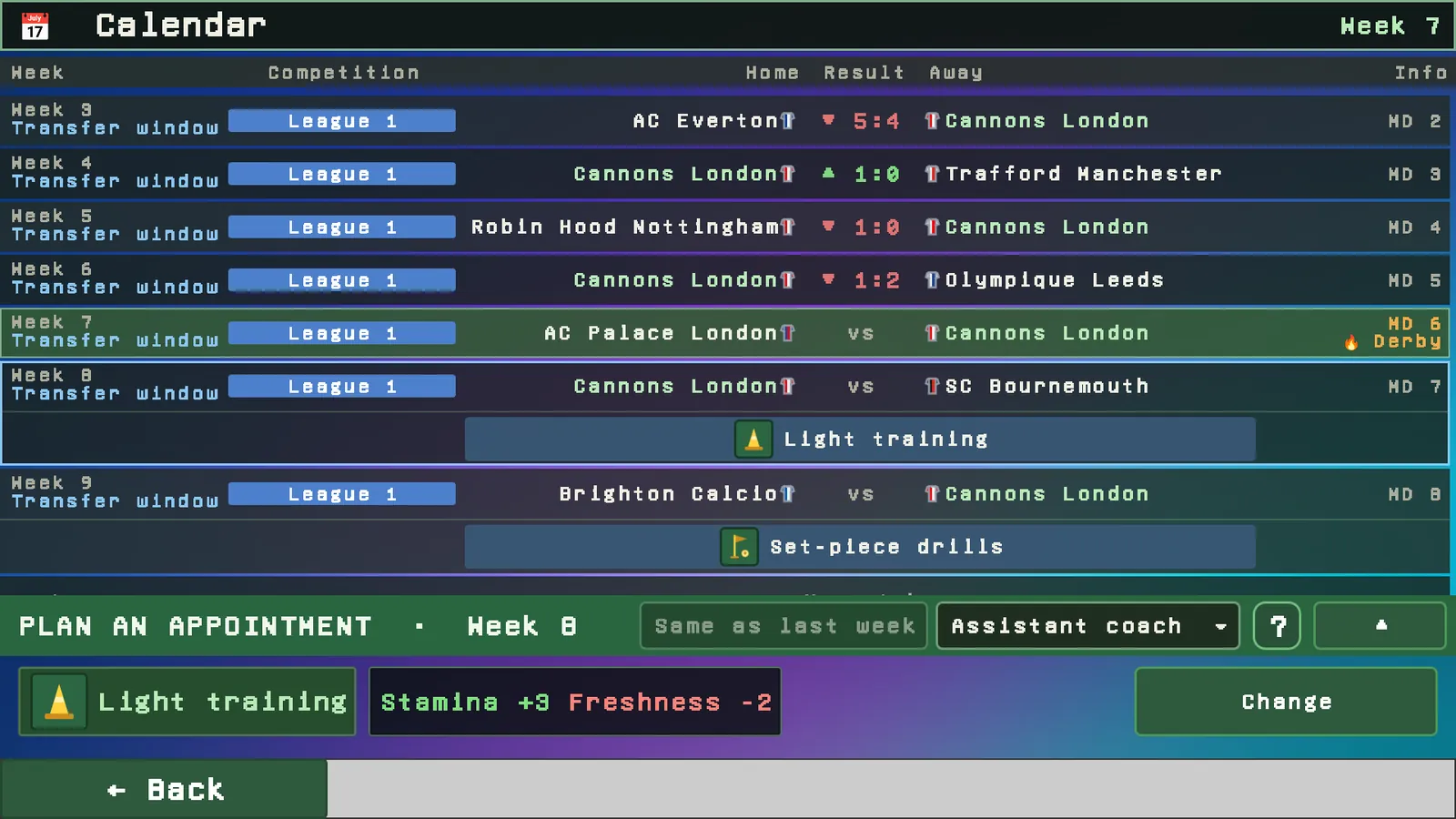 Event calendar with one planned event per week and assistant coach choice