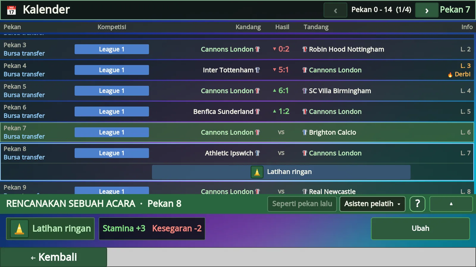 Event calendar with one planned event per week and assistant coach choice
