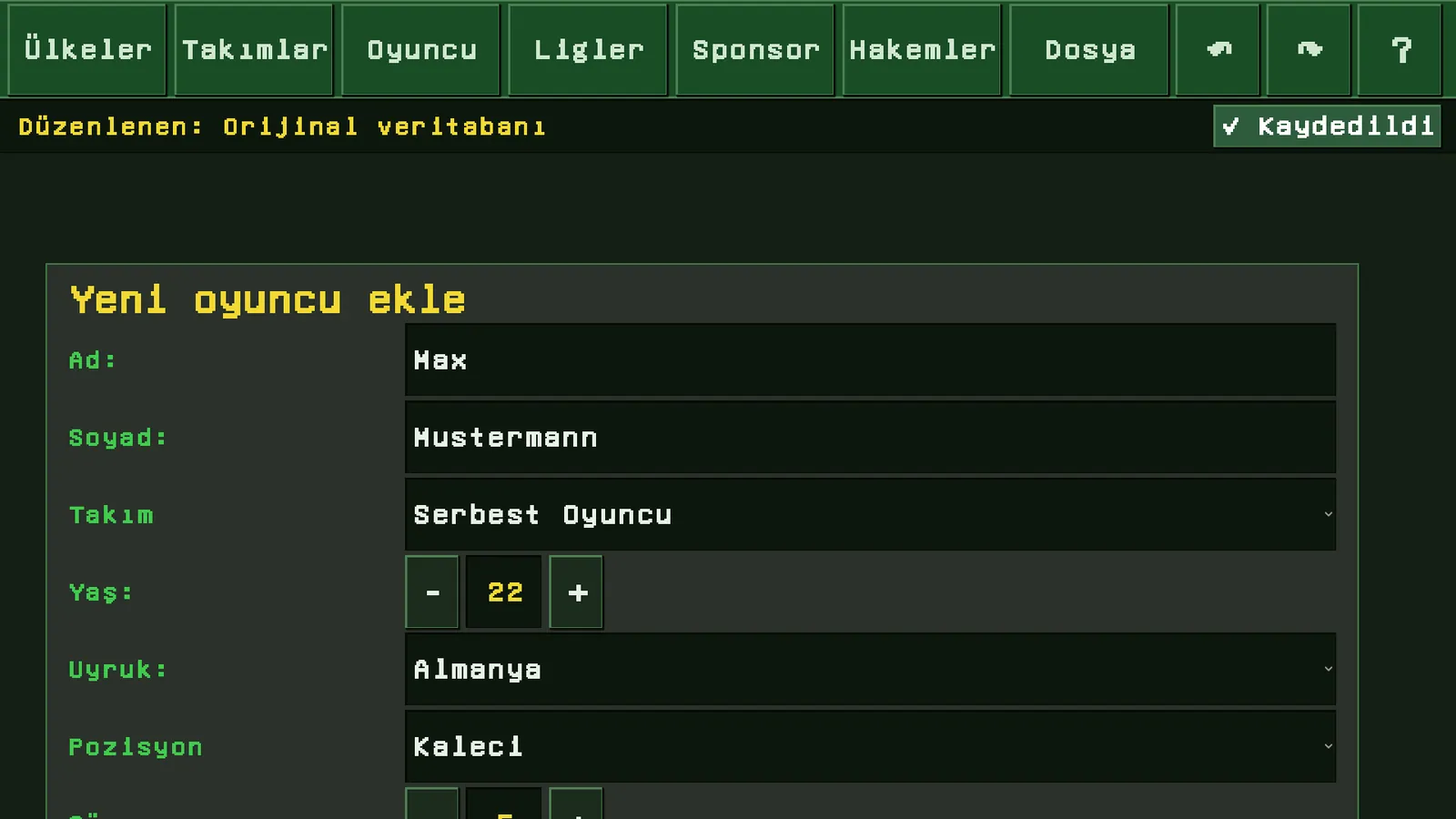 Editörde yeni oyuncu oluşturma