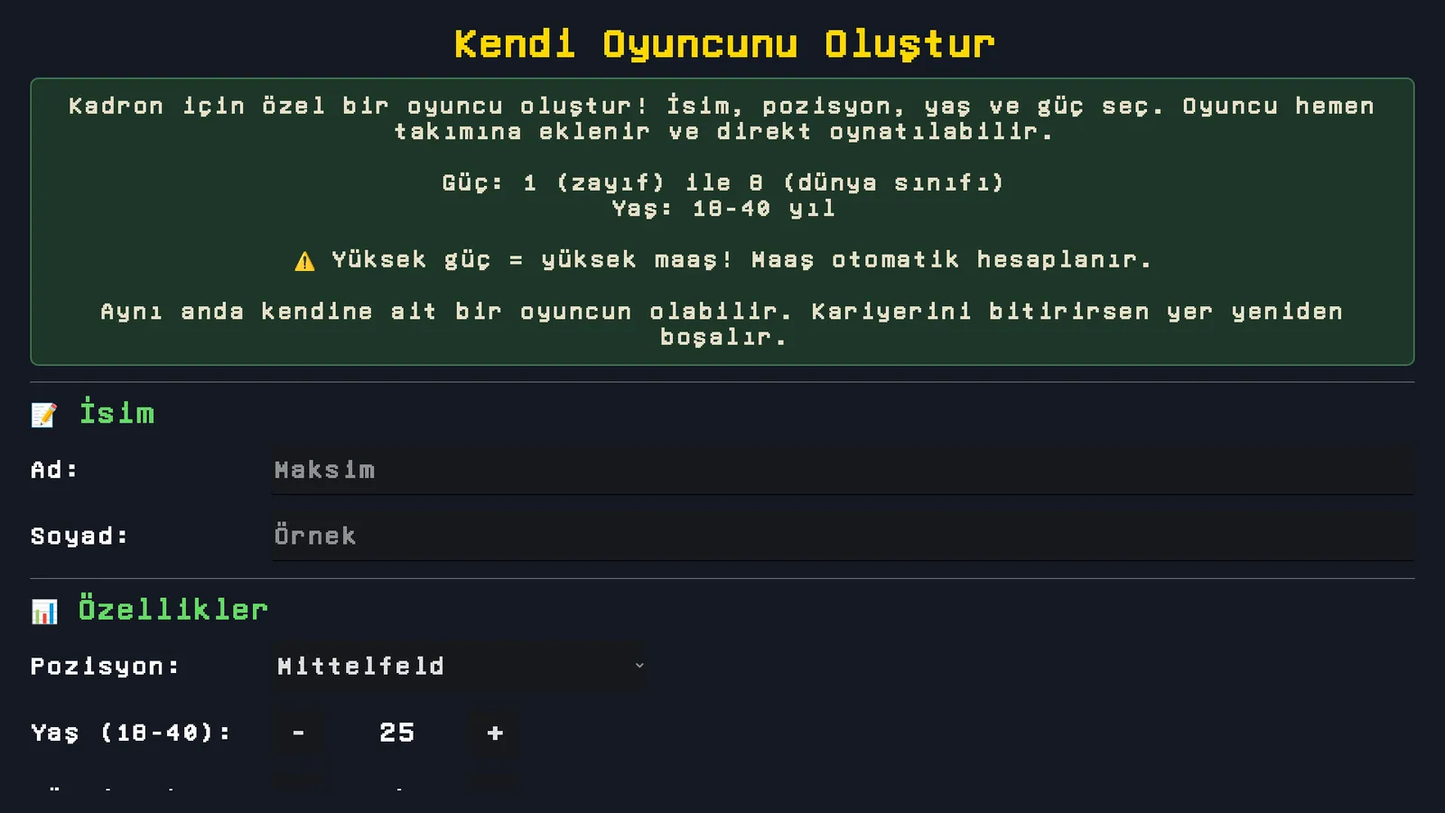 Kendi oyuncunuzu oluşturma ekranı