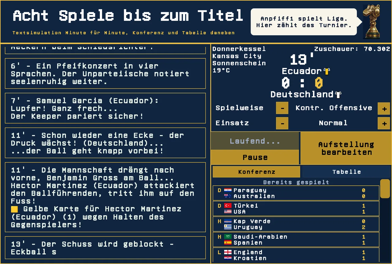 Spieltag in der Anpfiff1 WM Edition: Textsimulation Minute für Minute, daneben Konferenz und Tabelle