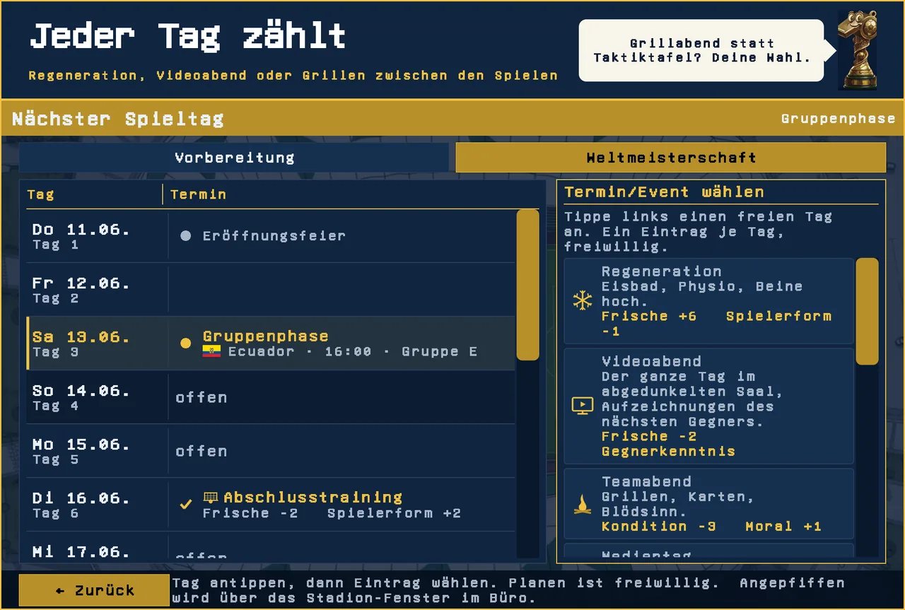 Terminkalender der Vorbereitung mit Regeneration, Videoabend und Teamabend