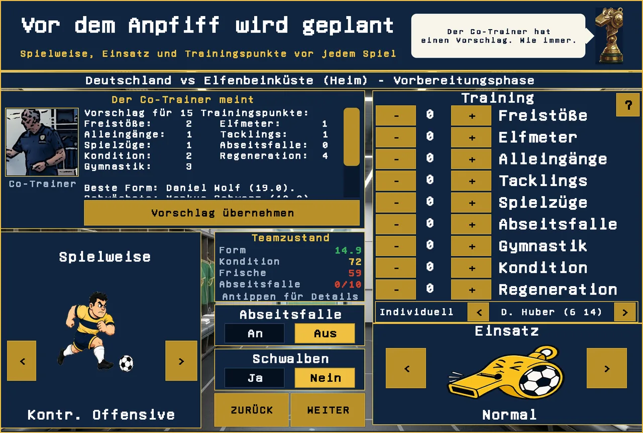 Spielvorbereitung mit Trainingspunkten, Spielweise, Einsatz und Abseitsfalle