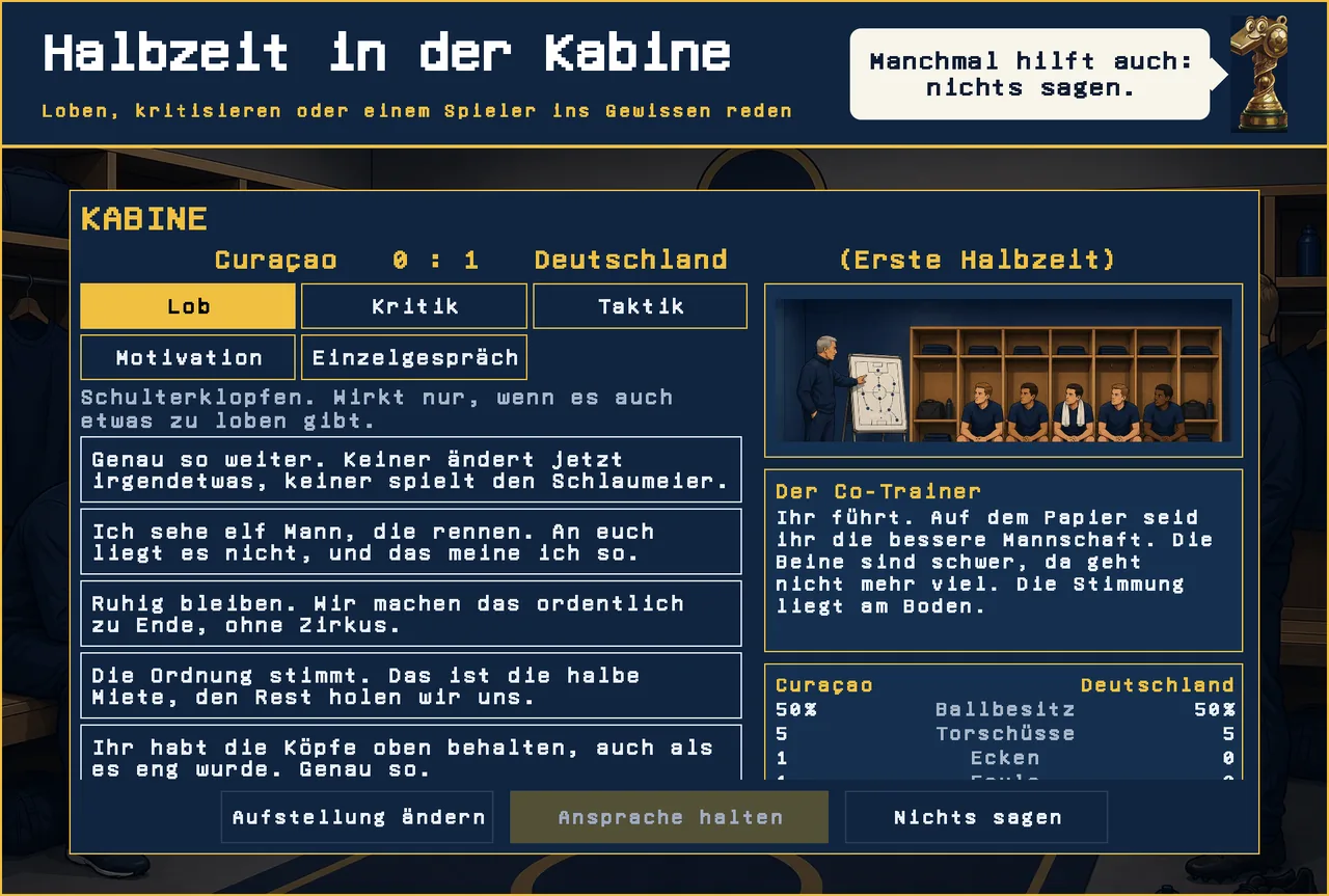Halbzeit in der Kabine mit Lob, Kritik, Taktik und Einzelgespräch