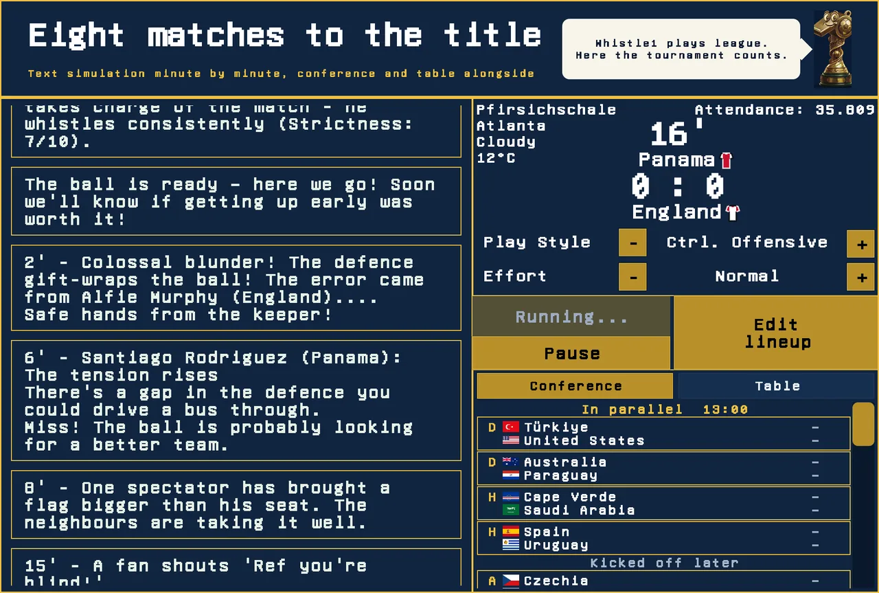 Match day in the Whistle1 World Tournament Edition: text simulation minute by minute with conference and table alongside