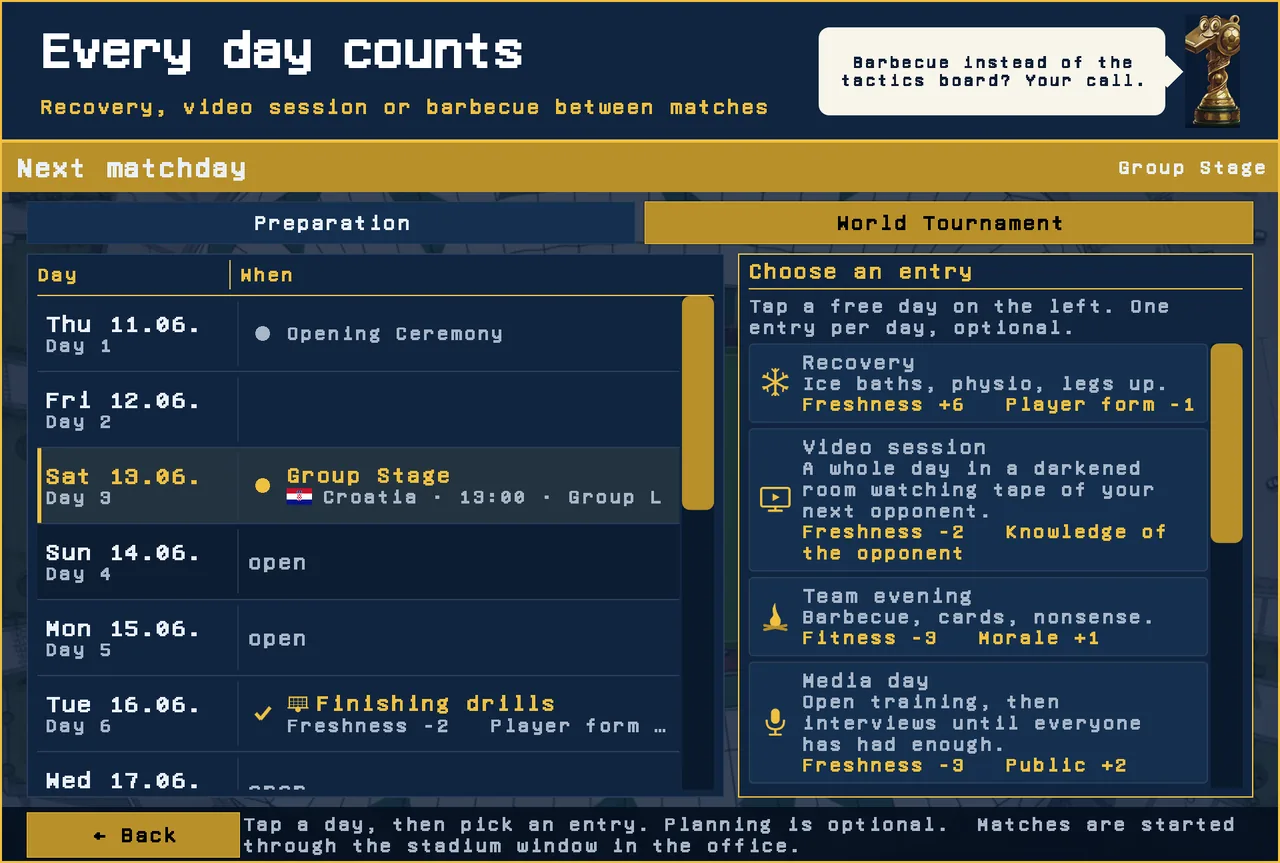Preparation calendar with recovery, video session and team evening