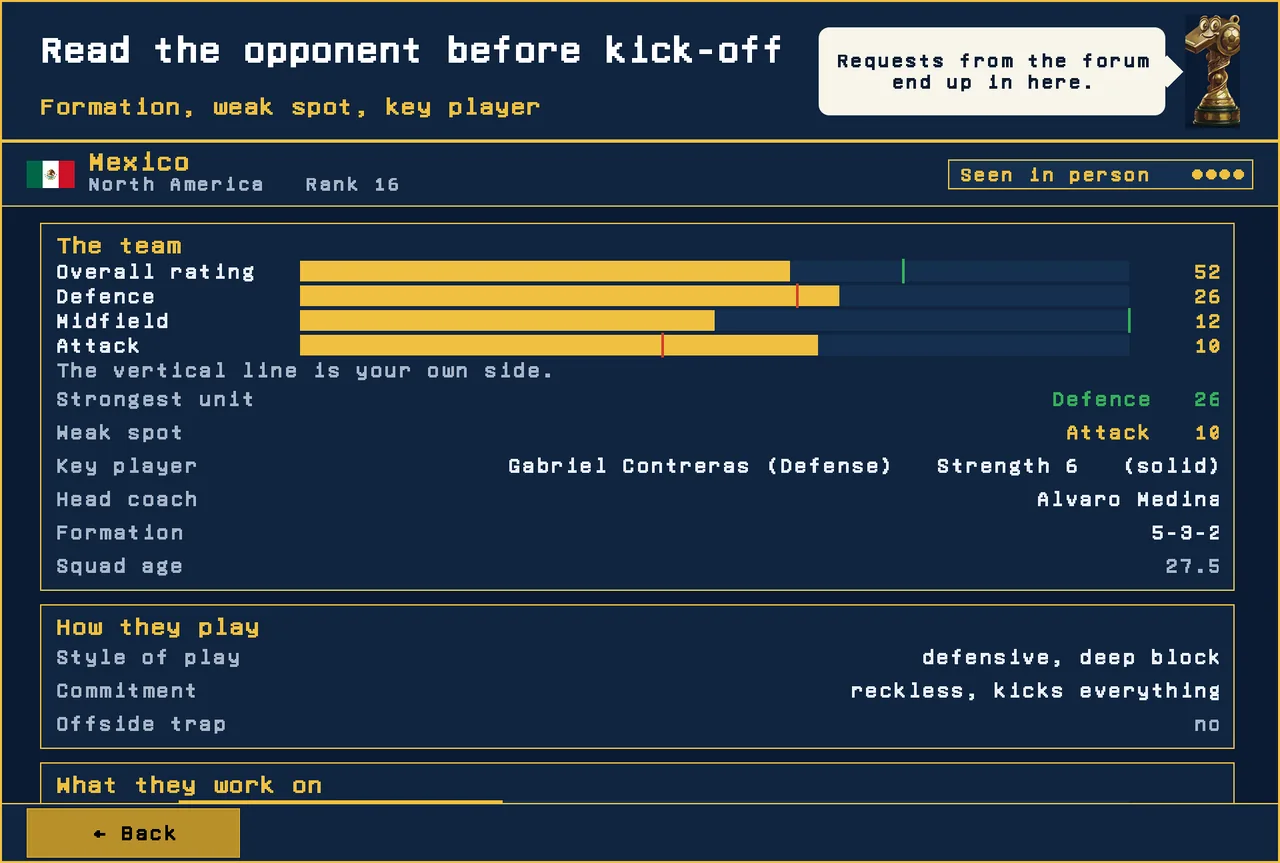 Scouting report on the next opponent with team units and key player