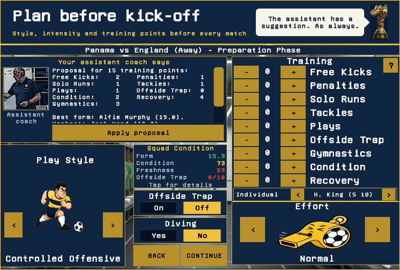 Match preparation with training points, play style, effort and offside trap