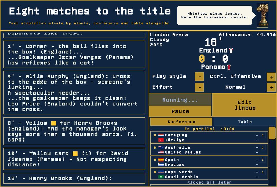 Match day in the Anpfiff1 World Cup Edition, text simulation with conference and table