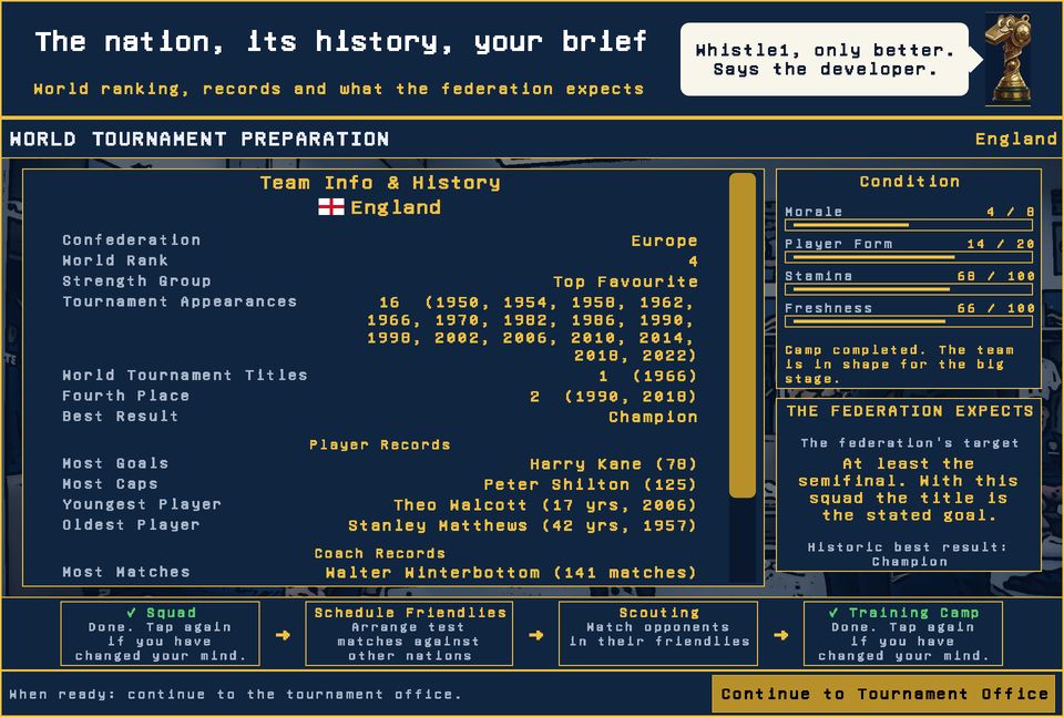 Preparation screen with world ranking, records and federation brief