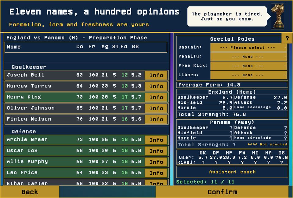 Line-up screen with formation, form and freshness