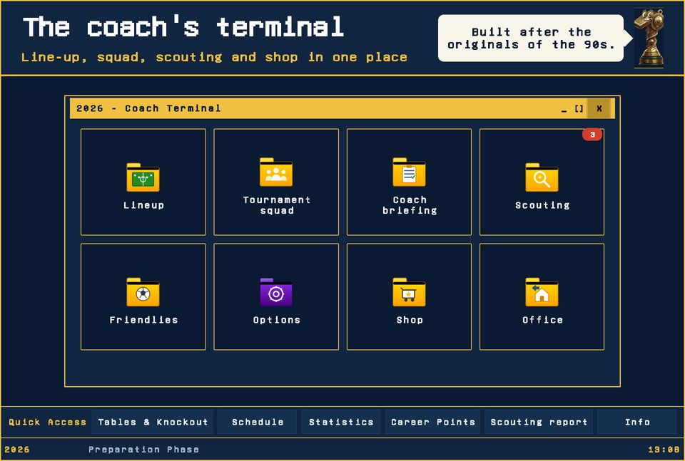 Coach's terminal with line-up, squad, scouting and shop